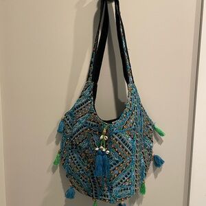 Embroidered Teal & Green Tassel Shoulder Bag Karma Highway NWOT